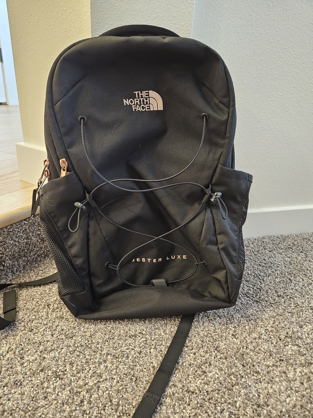 The North Face Jester Luxe Black Backpack with Rose Gold Accents